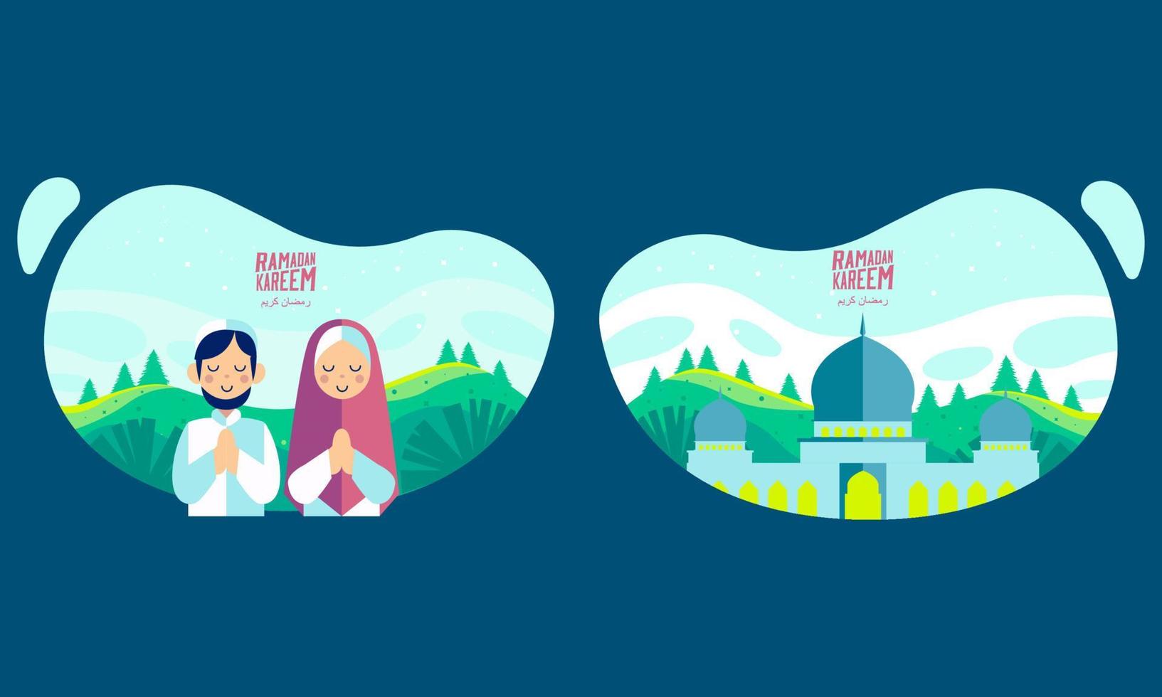 Fröhlicher Ramadan Kareem Hintergrund, Illustration mit Naturszene, Hügel und Moschee flache Illustration vektor