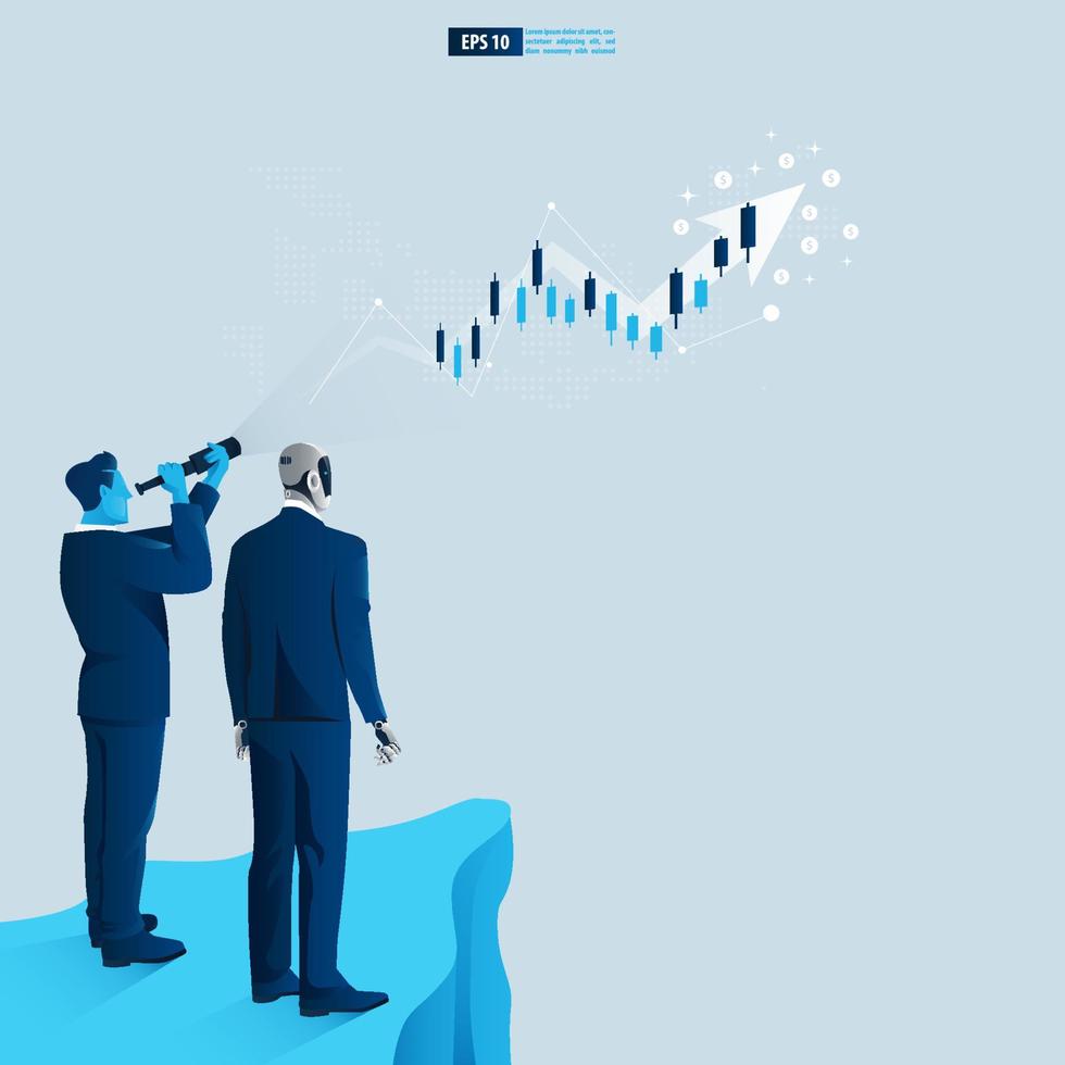 affärsman karaktär tittar genom teleskop ser framgång vision med pil upp. finansiella, avkastning på investeringen roi diagram öka vinsten vektor illustration koncept.