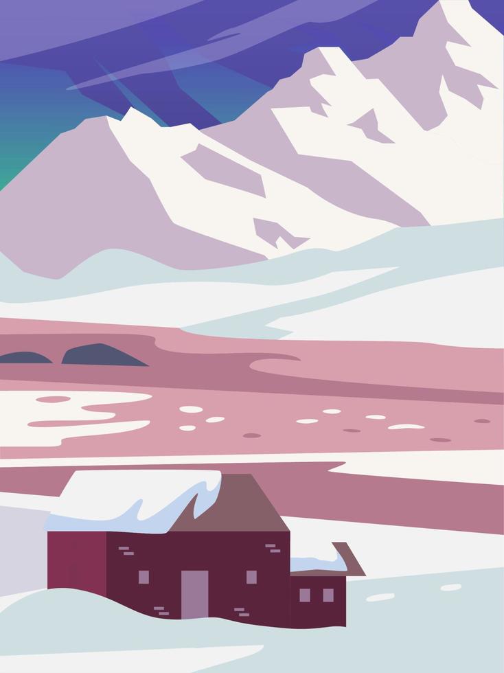 vackert landskap av naturlandskap på vintern med snö, skog, berg och stuga. banner bakgrund vektor illustration