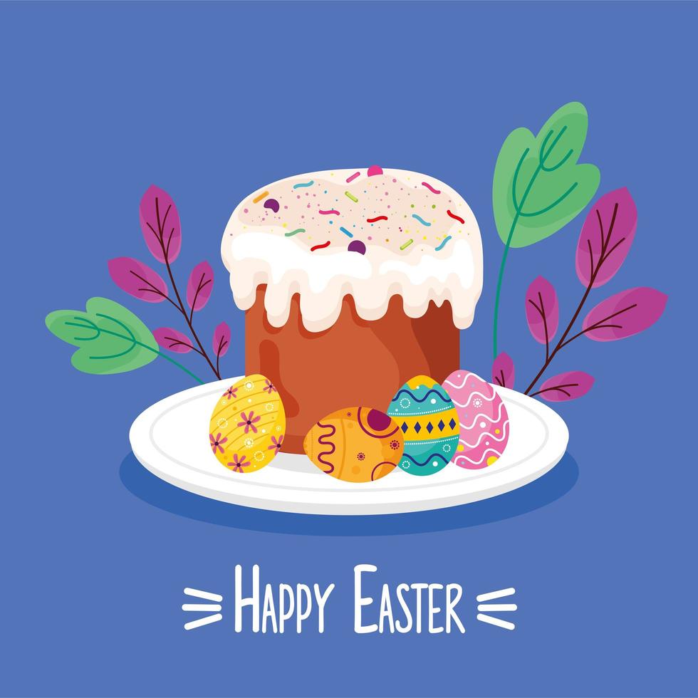 Frohe Ostern-Schriftzug-Karte mit süßem Cupcake und Eiern in Schale gemalt vektor