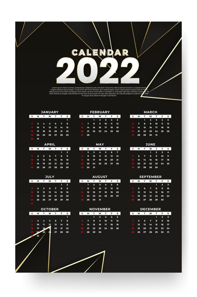 månatlig kalendermall för 2022 år. veckan börjar på söndag. väggkalender i minimalistisk stil. vektor