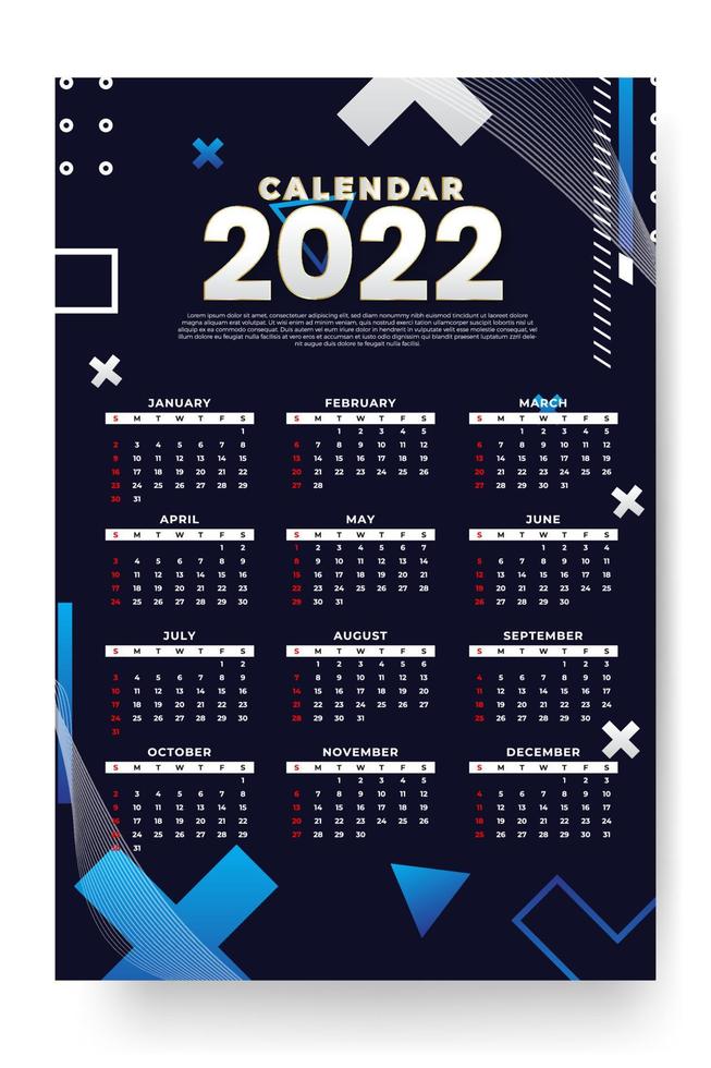 månatlig kalendermall för 2022 år. veckan börjar på söndag. väggkalender i minimalistisk stil. vektor