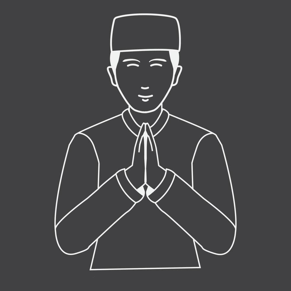 Muslim Mann herzlich willkommen Pose im schwarz und Weiß oder Graustufen Farbe Hintergrund. Gliederung Menschen Karikatur Illustration von Vektor Symbol.