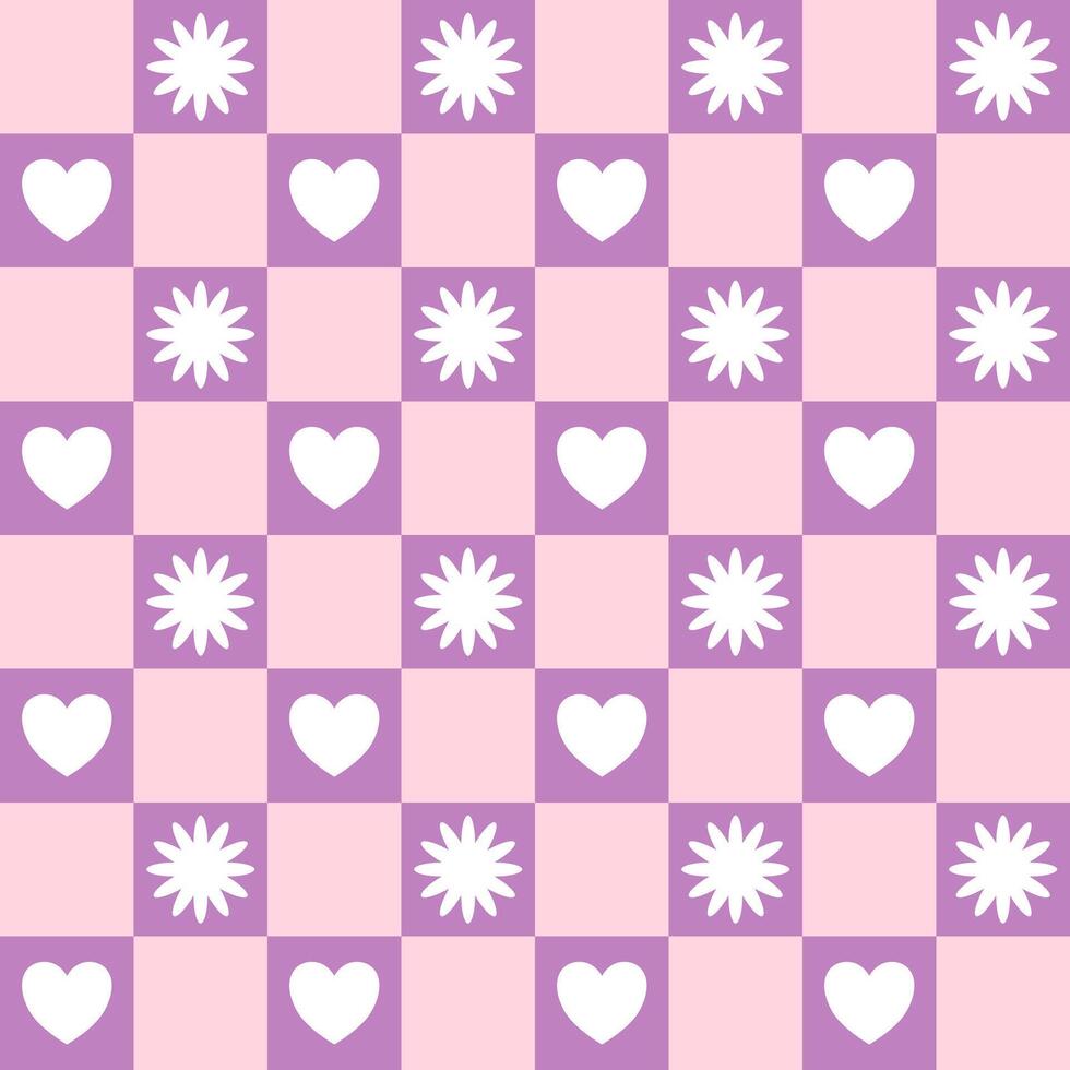 lila och rosa kolla upp sömlös mönster med hjärtan och blommor. abstrakt konst skriva ut. design för papper, täcker, kort, tyger, interiör objekt och några. vektor illustration handla om alla hjärtans dag.