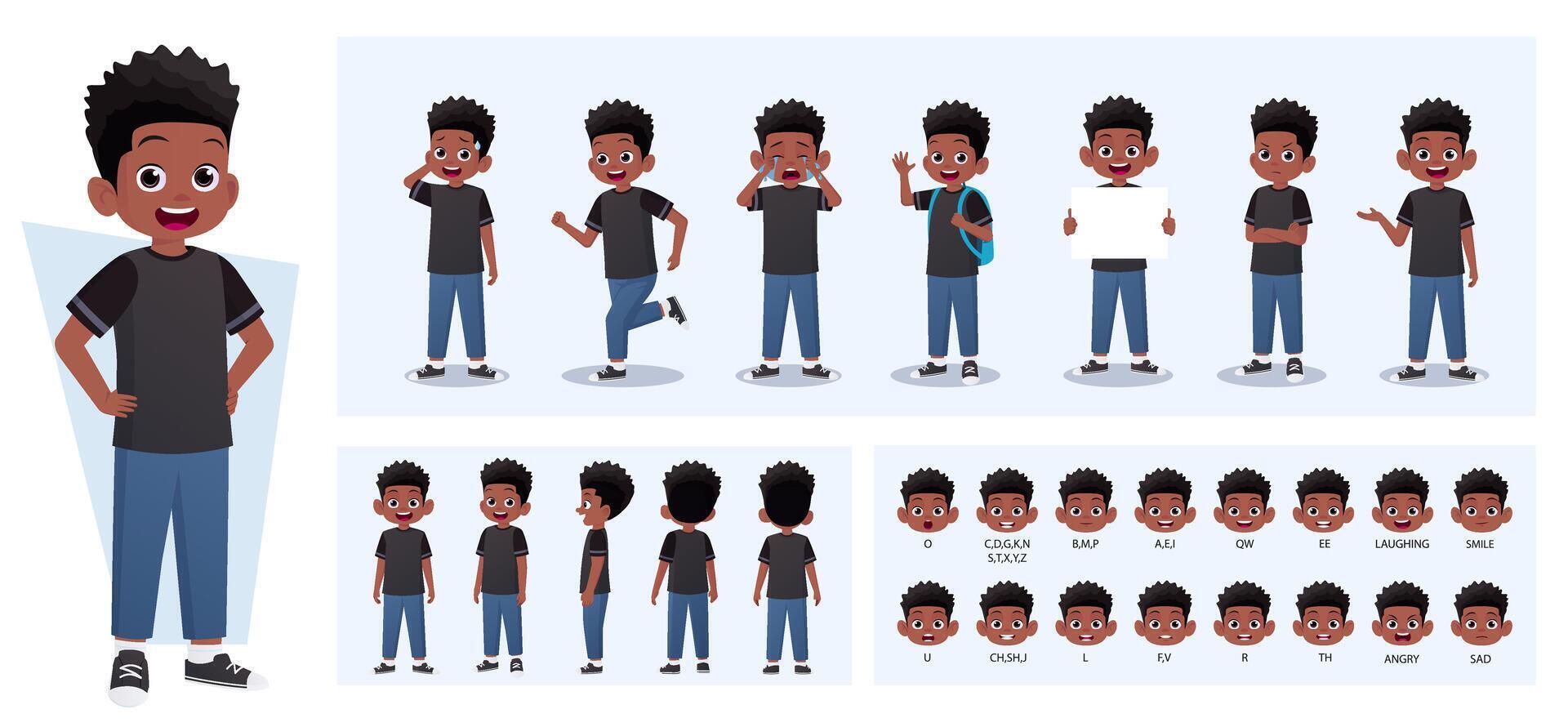 tecknad serie svart pojke karaktär konstruktör med gester, känslor och åtgärder. barn sida, främre, bak- se. rörlig delar för animering och läppsynk vektor illustration.