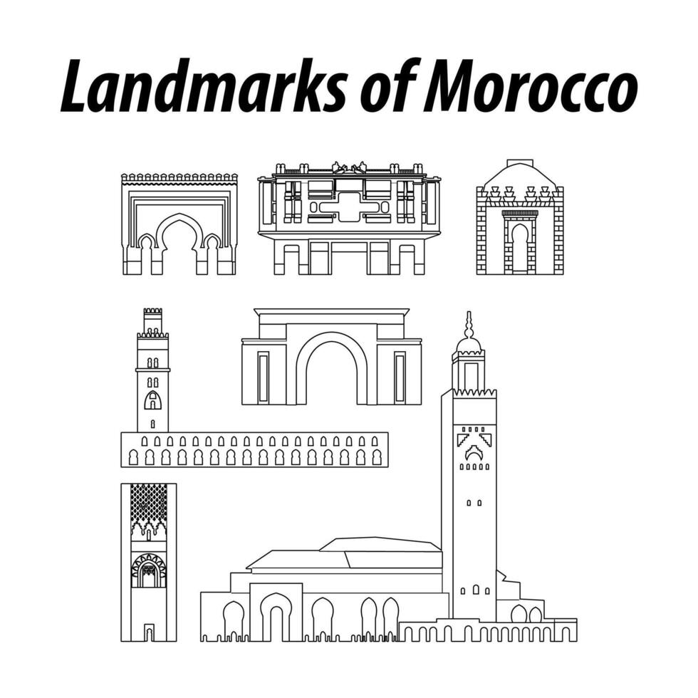 bunt av marocko känd landmärken förbi silhuett översikt stil vektor