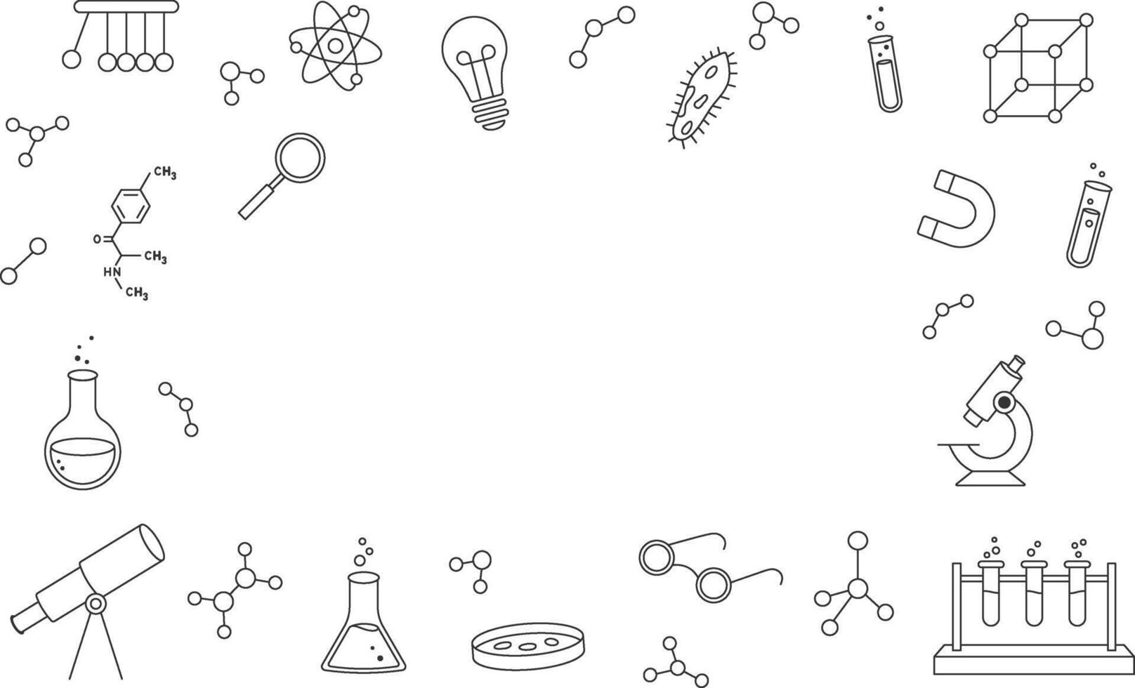 Wissenschaft Netz Banner Linie Symbol Satz. Chemie Labor Poster, Buch Startseite zum studieren. zurück zu Schule Poster. hoch Qualität Vektor Illustration.