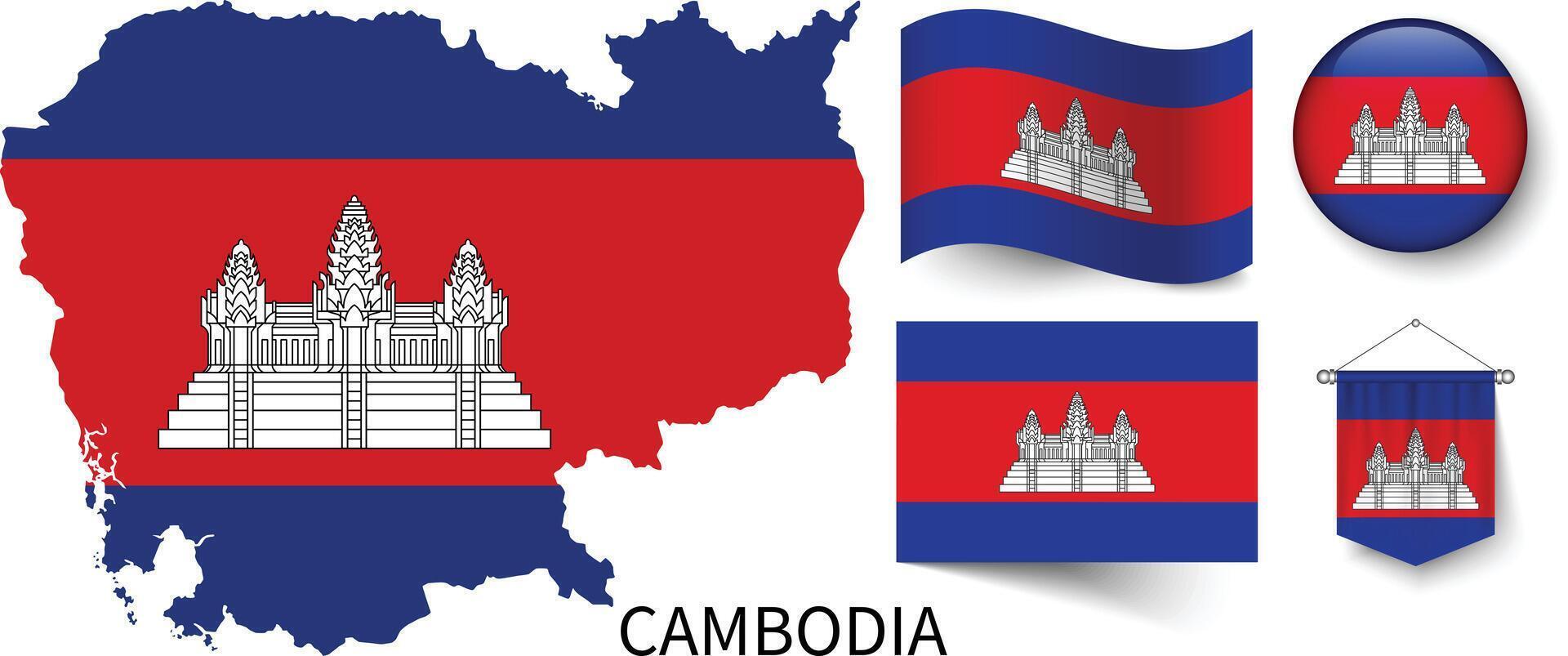 das verschiedene Muster von das Kambodscha National Flaggen und das Karte von das Kambodscha Grenzen vektor