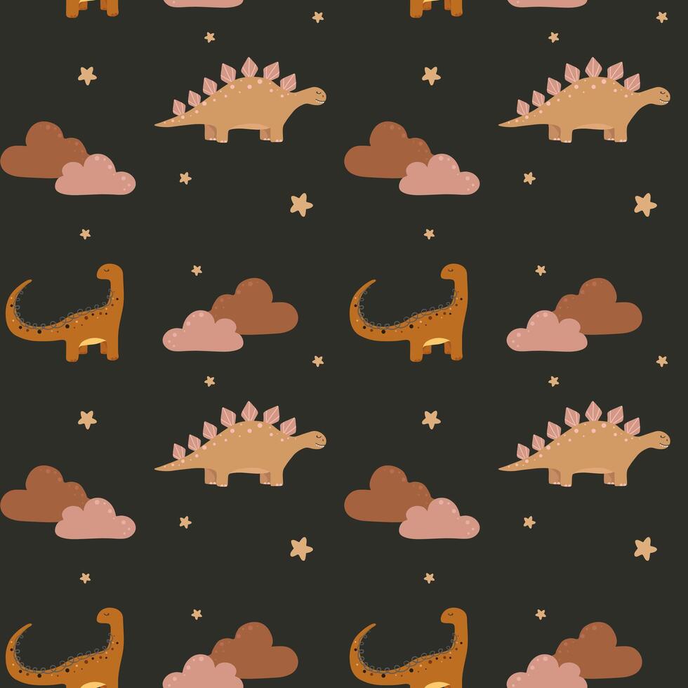 Vektornahtloses kindliches Muster mit bunten Dinosauriern. babyhintergrund für kinderzimmer, geschenkpapier, stoff, textil. lustiger kleiner Dinosaurier. vektor