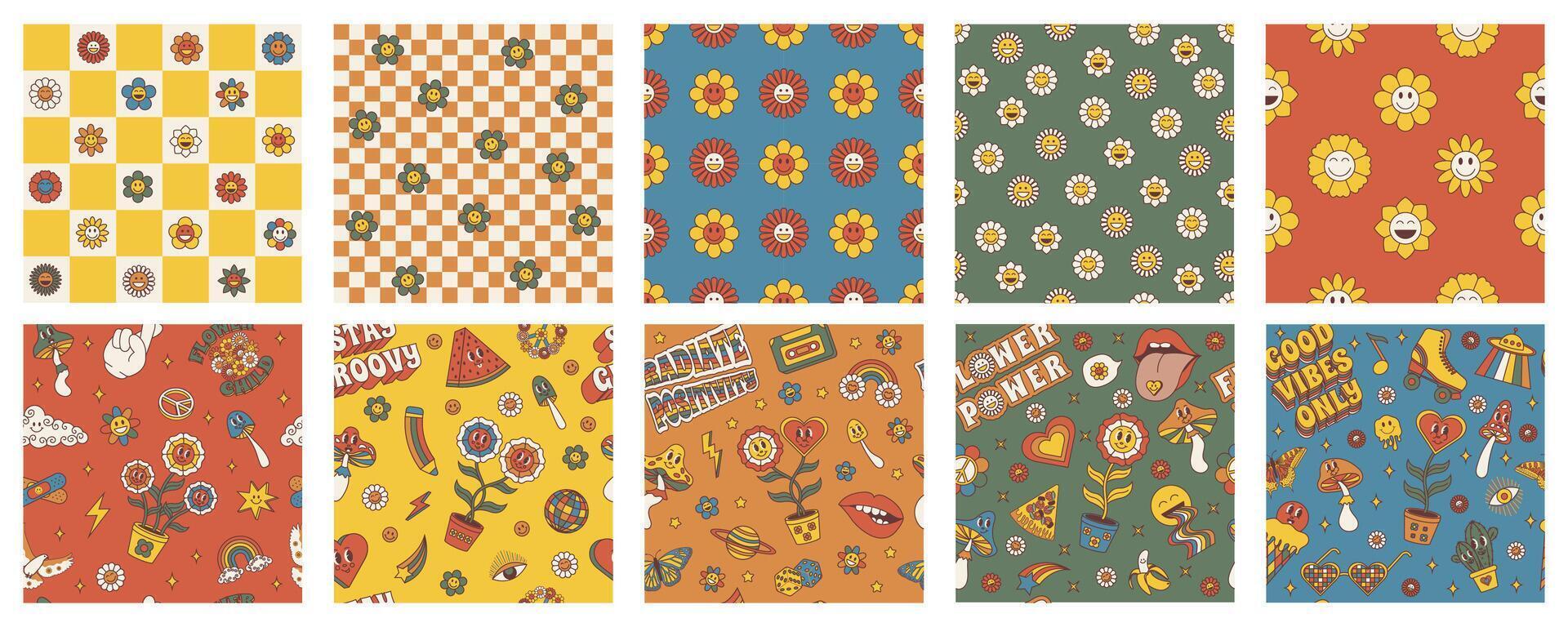 häftig sömlös mönster. häftig hippie 70s uppsättning av sömlös mönster. mönster i trendig retro psychedelic stil. y2k estetisk. vektor