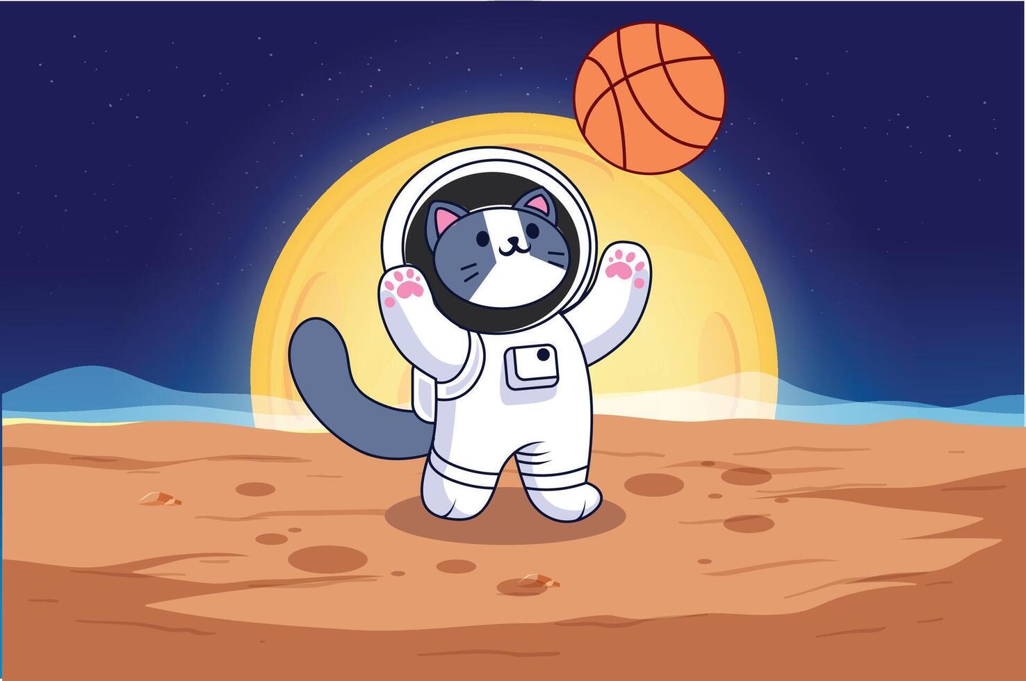 söt katt spelar basketboll på yttre Plats planet med basketboll Pol tecknad serie vektor ikon illustration, lura begrepp isolerat premie vektor. lämplig för infographics och bok bild illustration