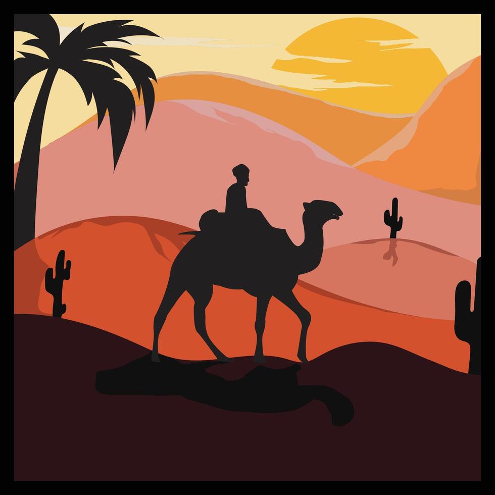 kameler passera genom de öken. afrikansk landskap. du kan använda sig av den för islamic bakgrunder, banderoller, affischer, webbplatser, social media och skriva ut media. vektor illustration.