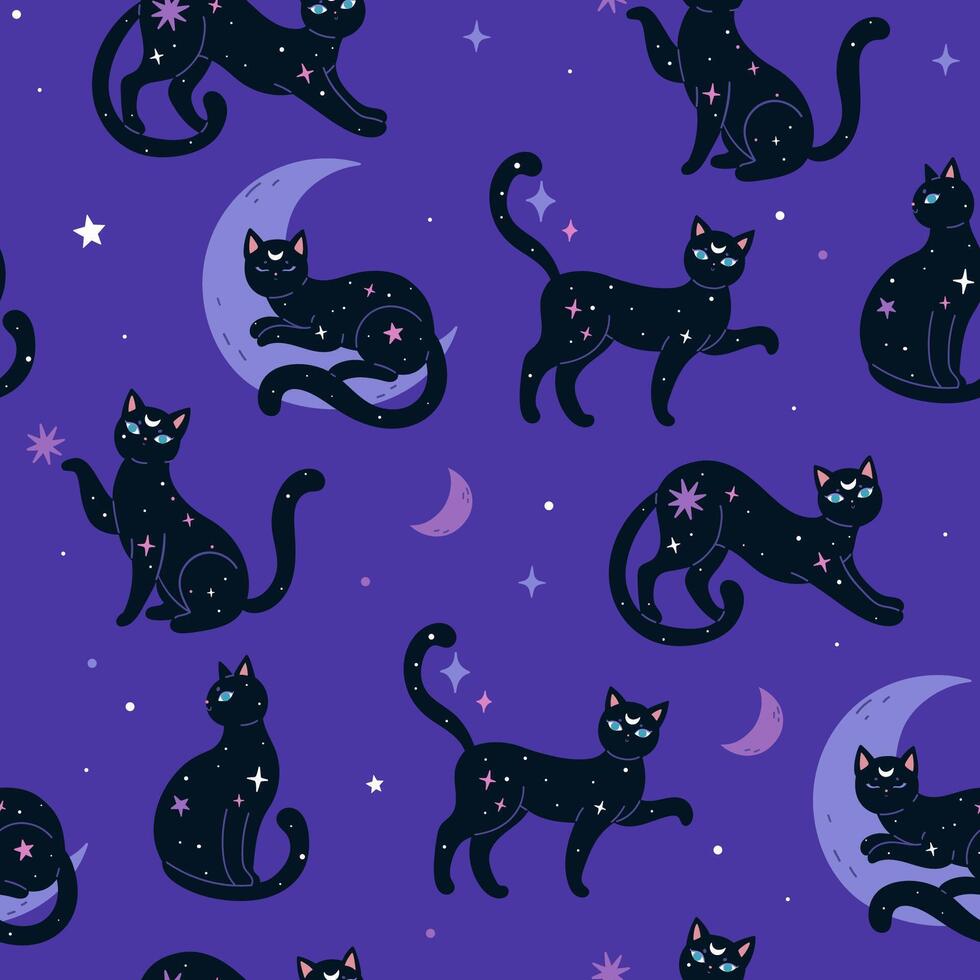 sömlös mönster av graciös natt stjärna magi katter. vektor grafik.