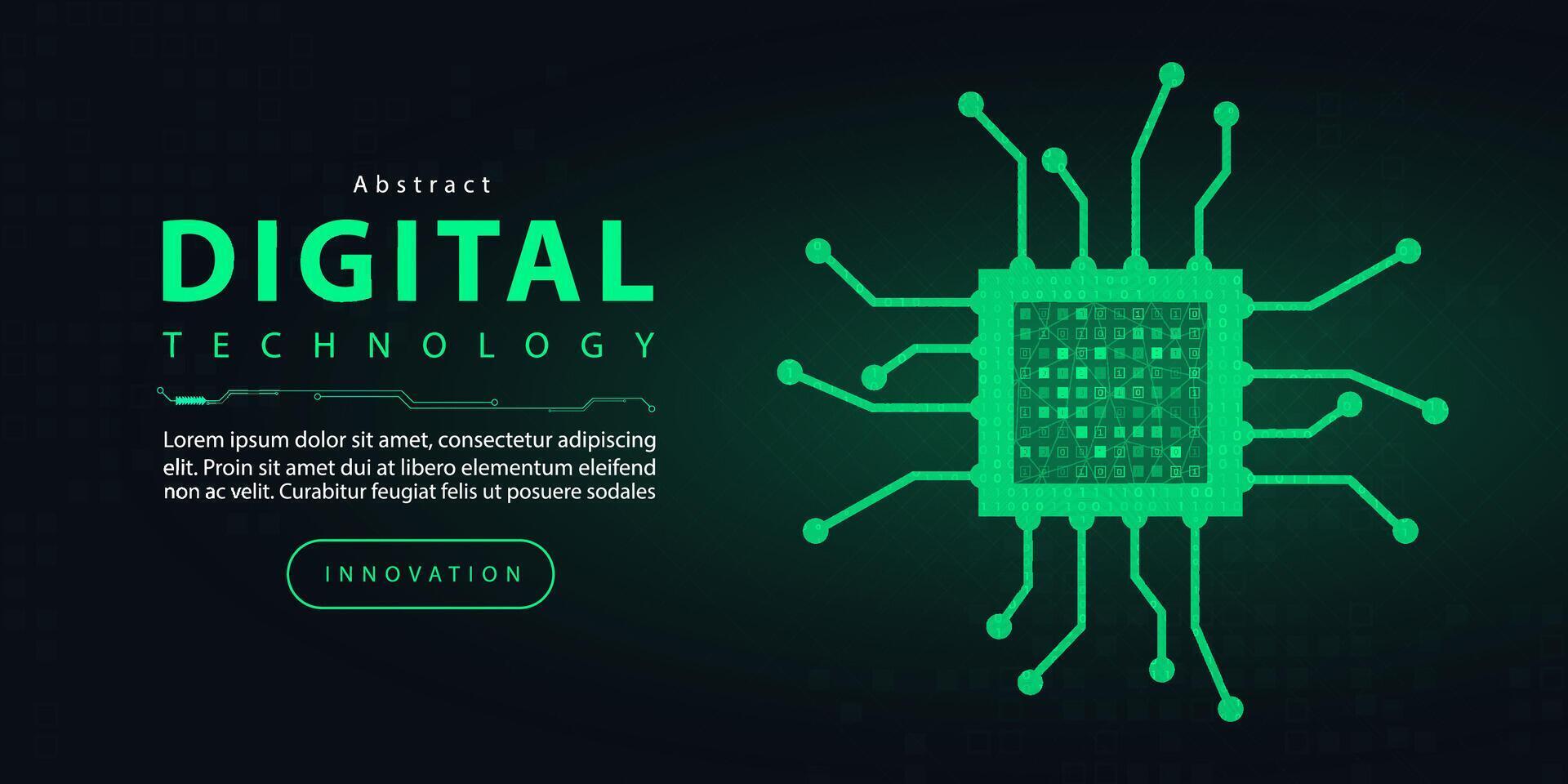 teknologi digital elektronisk cpu fartyg trogen internet nätverk förbindelse mörk svart bakgrund, grön abstrakt cyber kommunikation, ai stor data vetenskap, innovation framtida tech illustration vektor