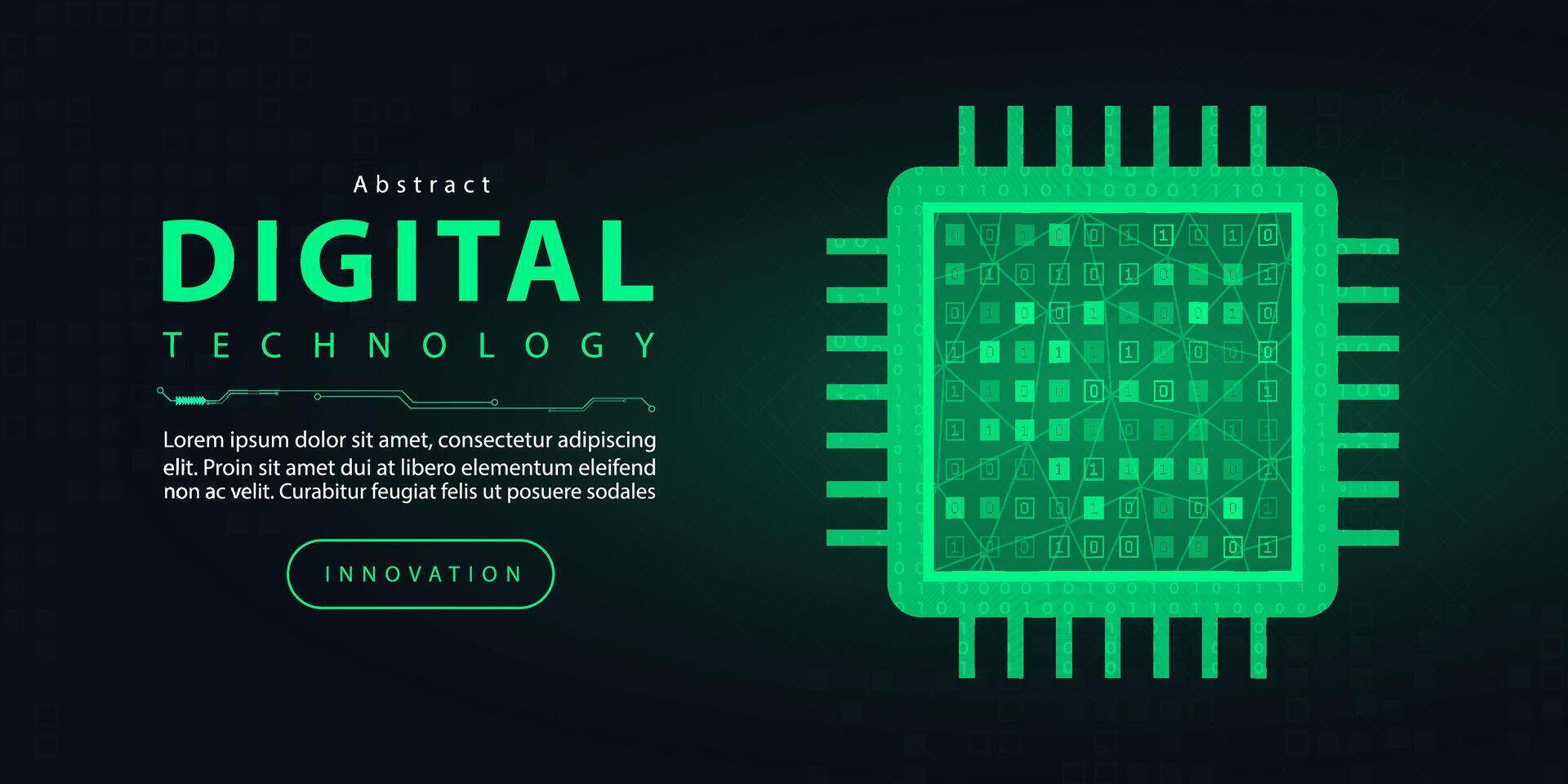 teknologi digital elektronisk cpu fartyg trogen internet nätverk förbindelse mörk svart bakgrund, grön abstrakt cyber kommunikation, ai stor data vetenskap, innovation framtida tech illustration vektor