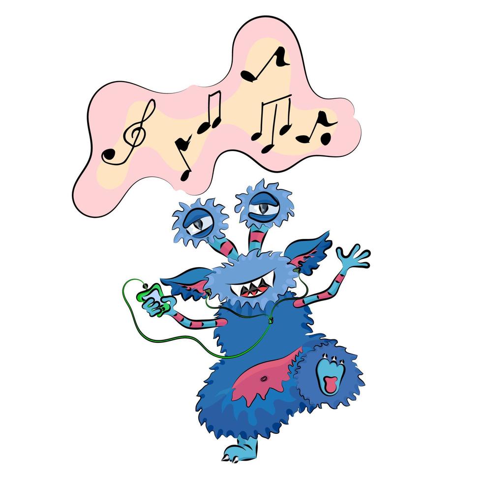 fröhliches Monster, das Musik hört und tanzt vektor
