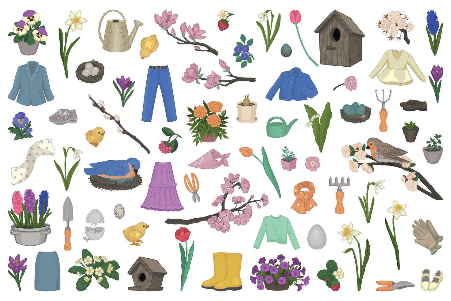 Frühling Zeit Clip Art Sammlung. einstellen von Beeren, Vögel, Gartenarbeit, Pflanzen, Zubehör, Kleidung. Karikatur Vektor Abbildungen isoliert auf Weiß.
