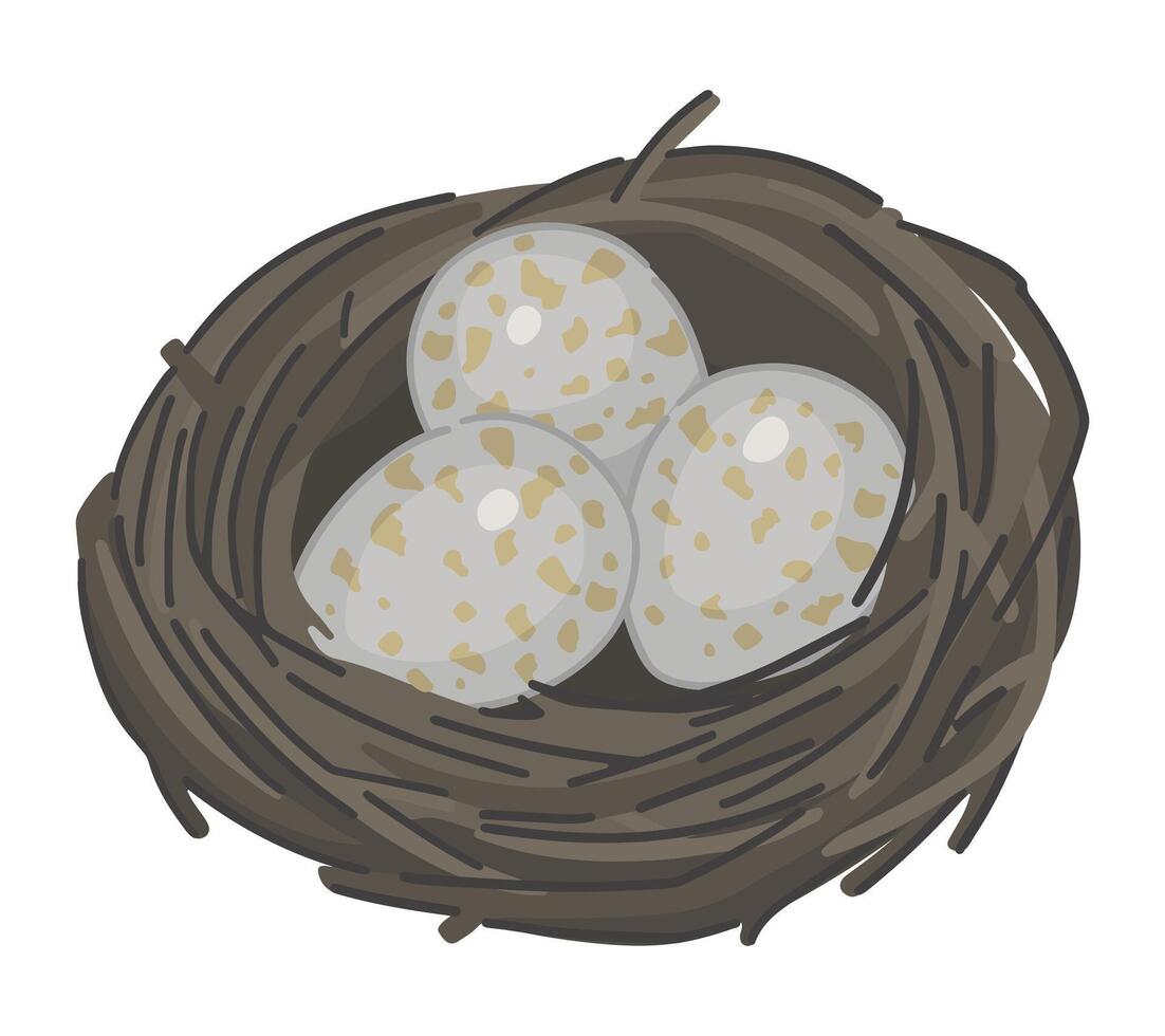 vild fågel bo med ägg ClipArt. vår tid klotter. vektor illustration i tecknad serie stil isolerat på vit.