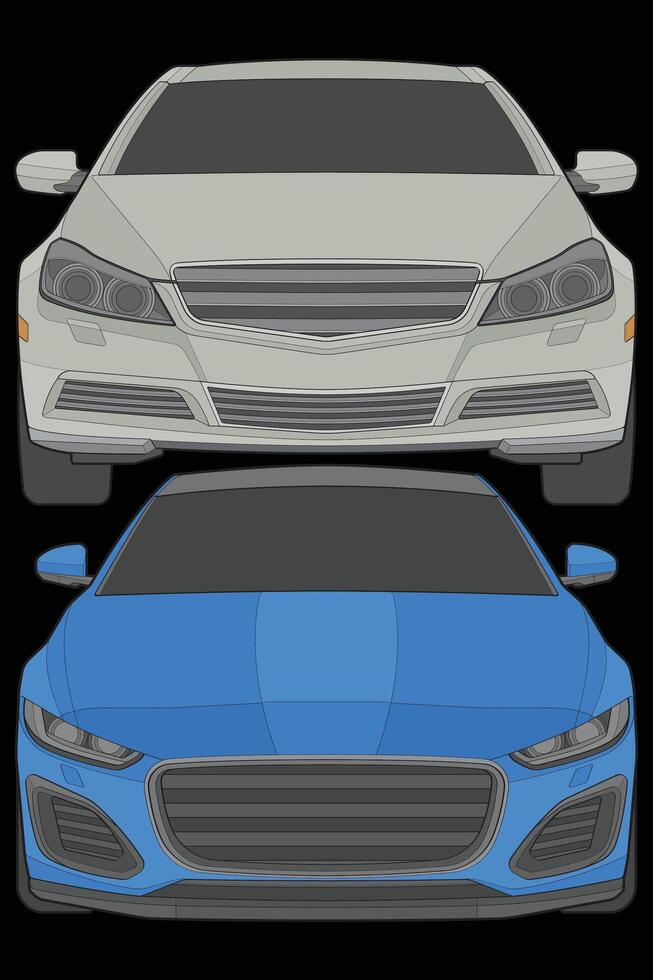 uppsättning av främre se vektor illustration av isolerat markera Färg bil på svart bakgrund, fordon i en platt tecknad serie stil.