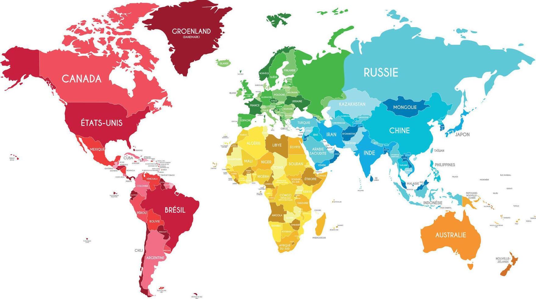 politisch Welt Karte Vektor Illustration mit anders Farben zum jeder Kontinent und anders Töne zum jeder Land, und Land Namen im französisch. editierbar und deutlich beschriftet Lagen.