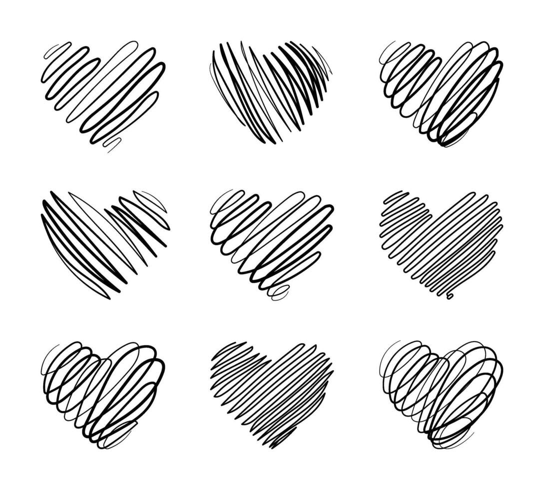 uppsättning av svart hand dragen hjärtan för hjärtans dag. klotter linje stil. samling av isolerat vektor design element för ikon eller knapp, hälsning kort, inbjudan, affisch, webb baner.