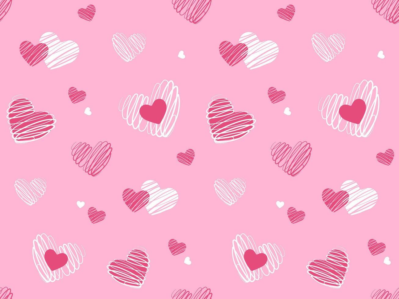 seamles mönster med söt klotter hjärtan på rosa bakgrund. vektor illustration för omslag papper, dekor, kort, bakgrunder på valentines dag. skriva ut design textil- för barn mode