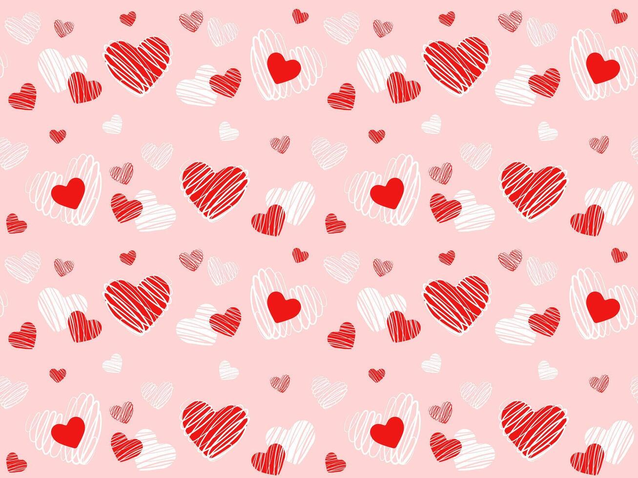 seamles mönster med söt röd och vit klotter hjärtan på rosa bakgrund. vektor illustration för omslag papper, dekor, kort, bakgrunder på valentines dag. skriva ut design textil- för barn mode.