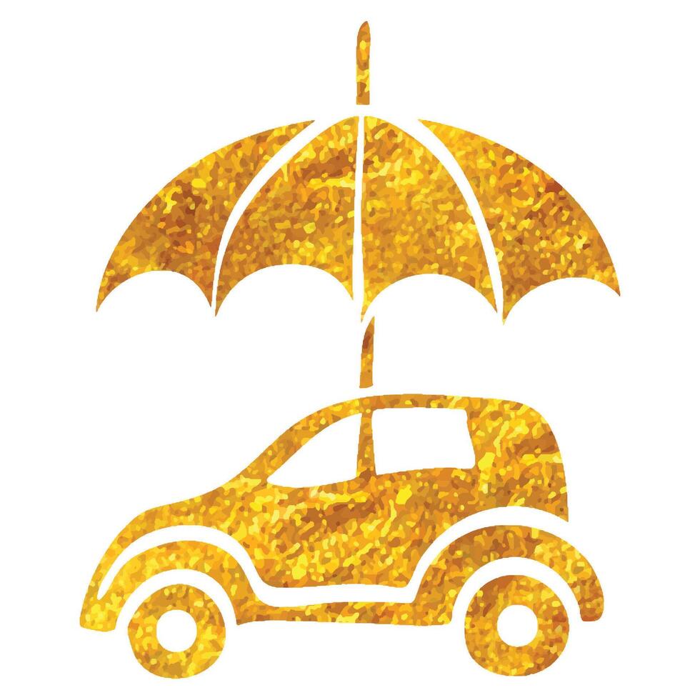 Hand gezeichnet Auto und Regenschirm Symbol im Gold vereiteln Textur Vektor Illustration