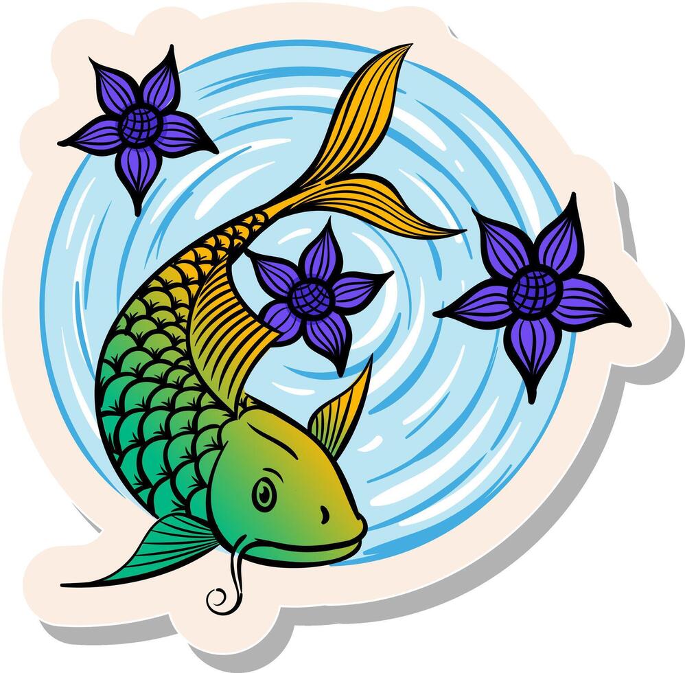 hand dragen koi fisk med lotus blommor i klistermärke stil vektor illustration