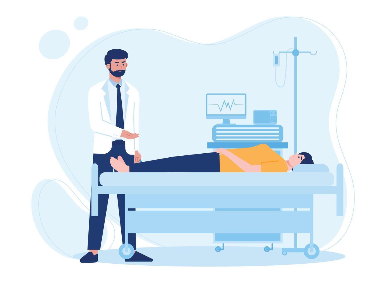 kvinna liggande i sjukhus säng och läkare granskning. patient konsultation.koncept platt illustration vektor