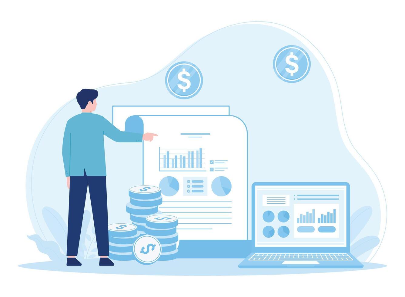 affärsman investera pengar uppkopplad med investering tillväxt Rapportera begrepp platt illustration vektor