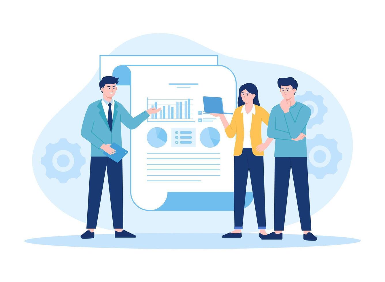 Manager erklärt Statistiken zu Mitarbeiter. Diagramme Unternehmen Geschäft Analyse und Marketing Konzept eben Illustration vektor