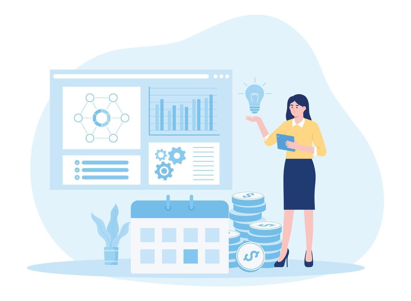 bereiten monatlich Berichte. Kalender Diagramme Statistiken und Digital Technologie Konzept eben Illustration vektor