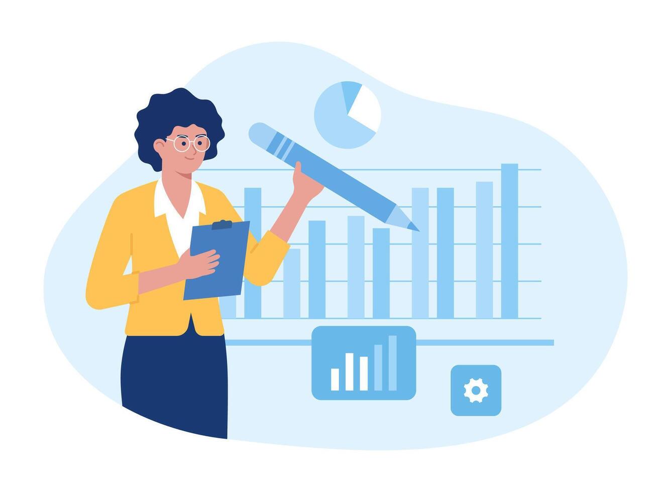 kvinna arbetstagare analyserar digital data diagram och grafer av företag tillväxt begrepp platt illustration vektor