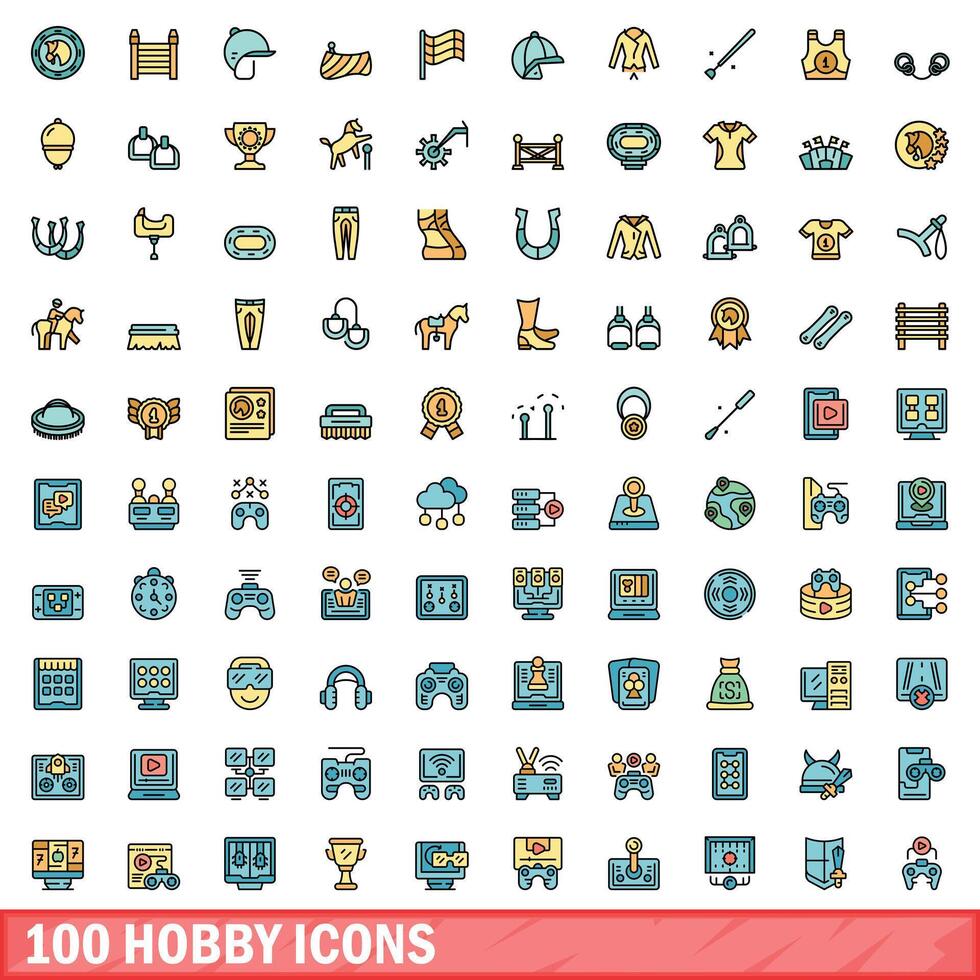 100 hobby ikoner uppsättning, Färg linje stil vektor