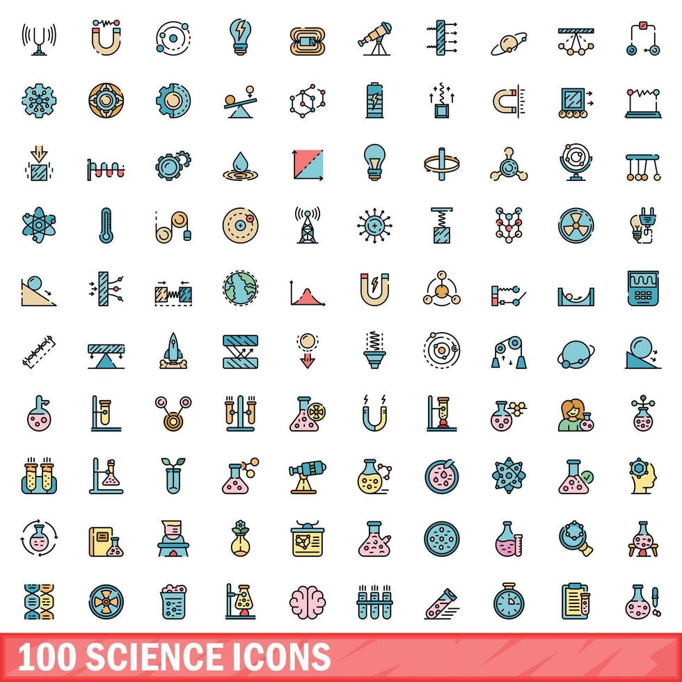 100 vetenskap ikoner uppsättning, Färg linje stil vektor