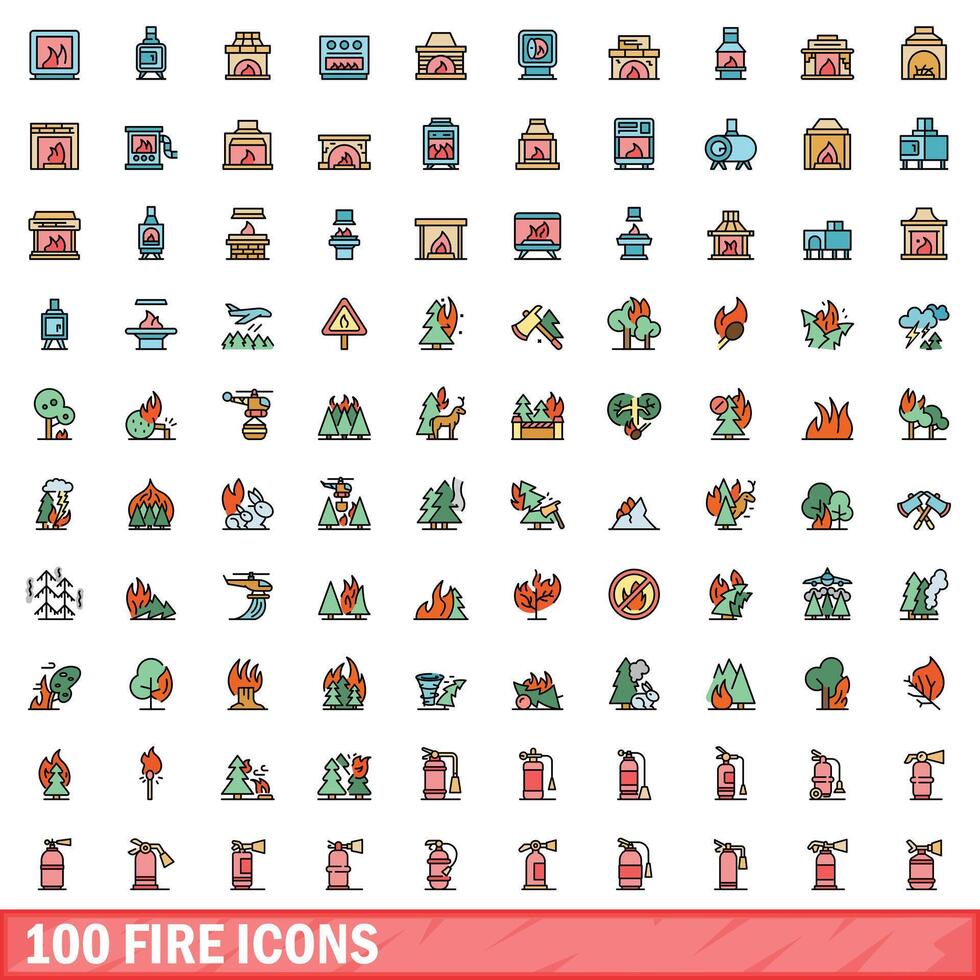 100 Feuer Symbole Satz, Farbe Linie Stil vektor