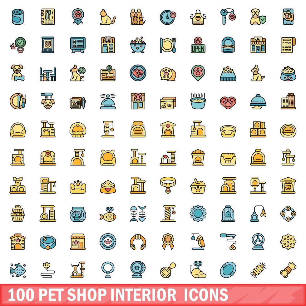 100 sällskapsdjur affär interiör ikoner uppsättning, Färg linje stil vektor