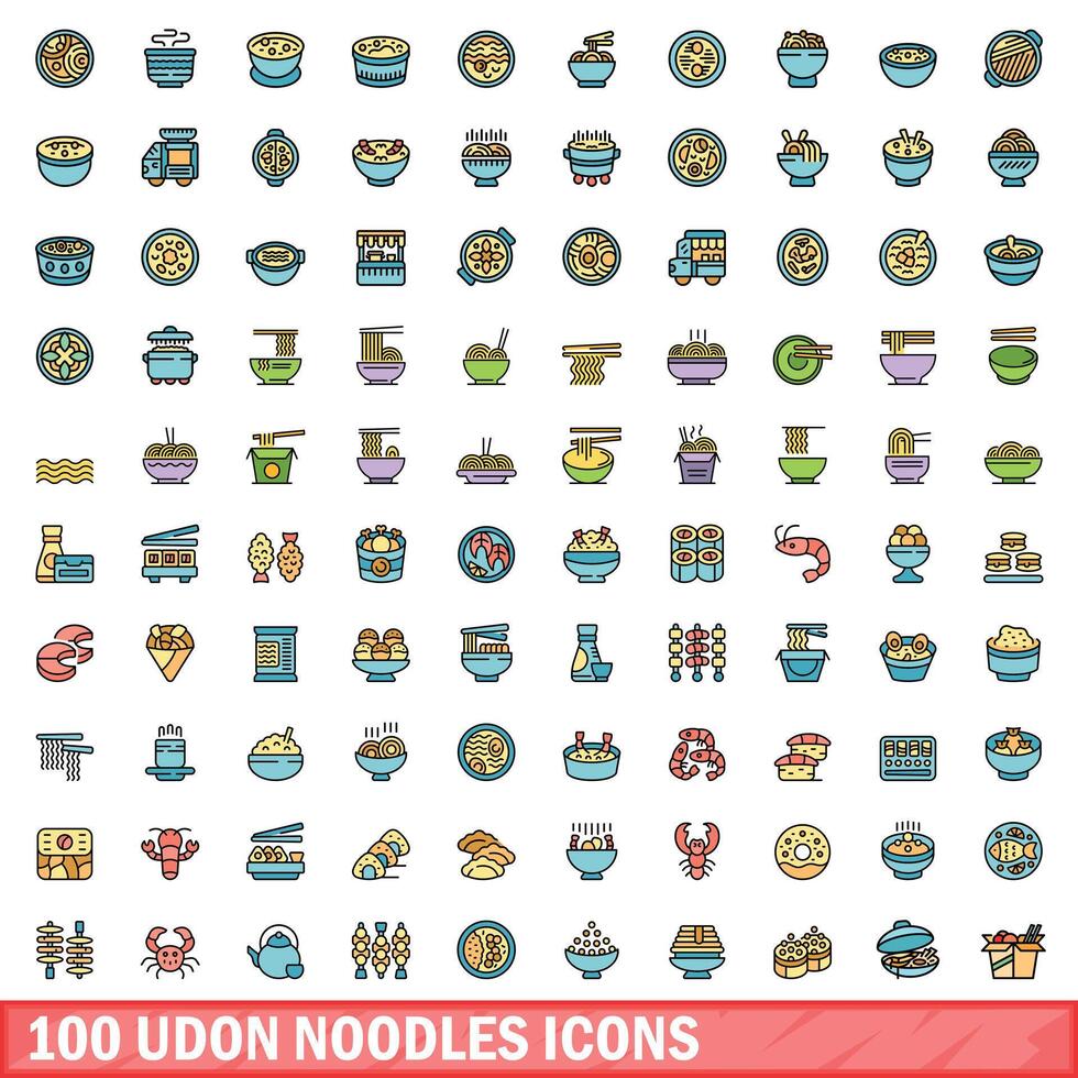 100 Udon Nudeln Symbole Satz, Farbe Linie Stil vektor