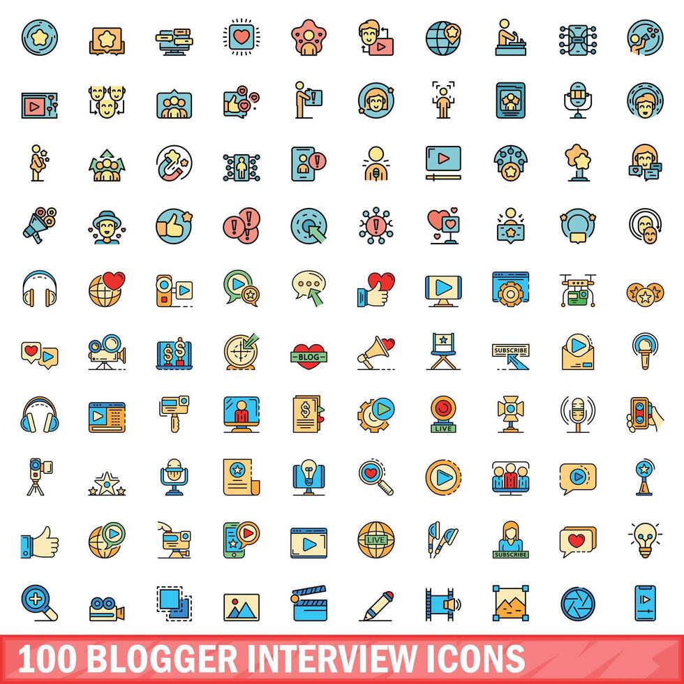 100 Blogger Interview Symbole Satz, Farbe Linie Stil vektor