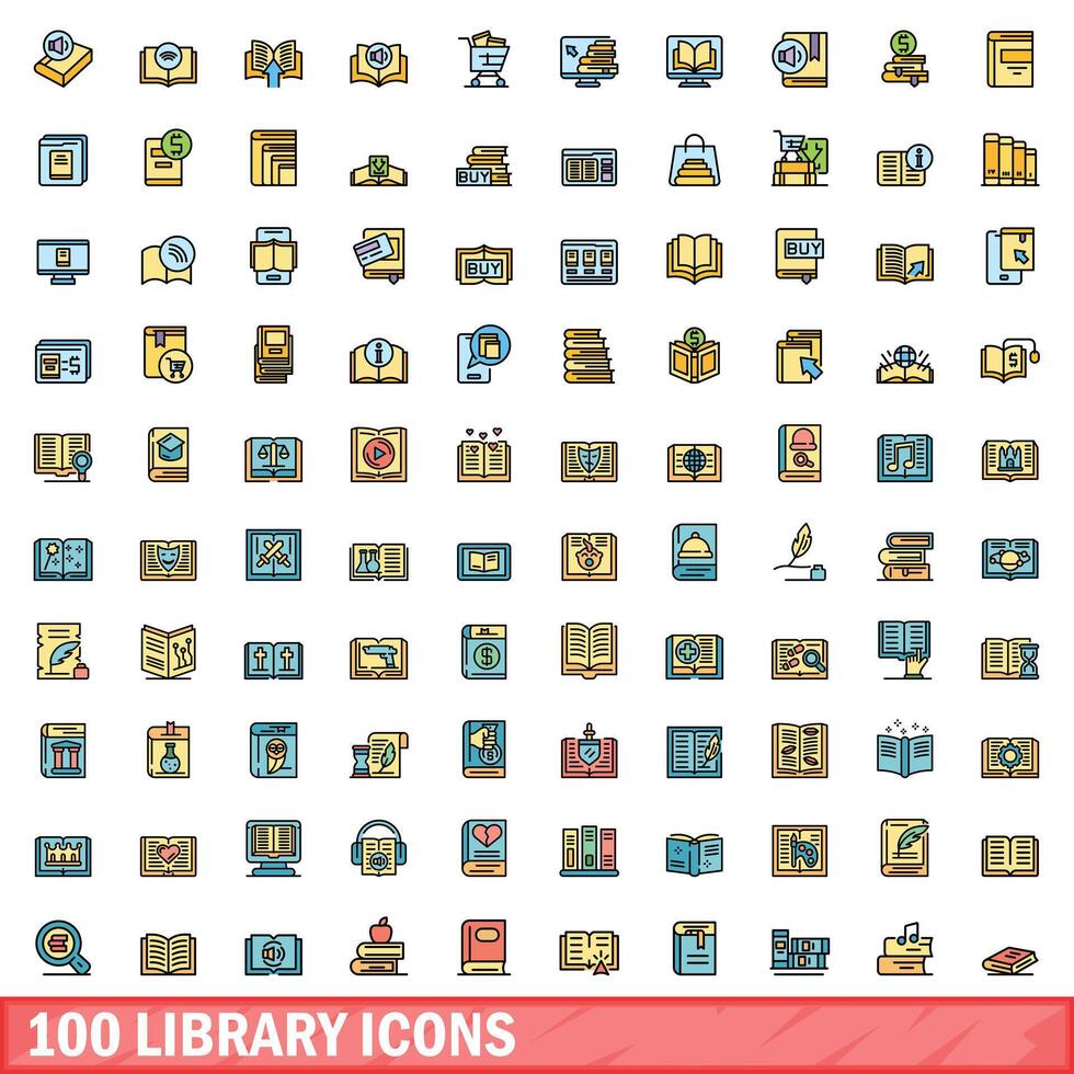 100 bibliotek ikoner uppsättning, Färg linje stil vektor