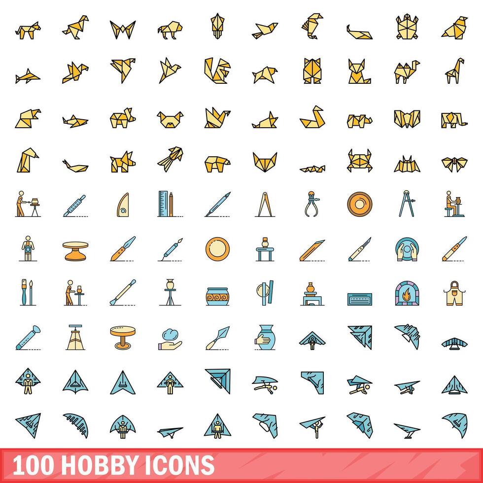 100 Hobby Symbole Satz, Farbe Linie Stil vektor