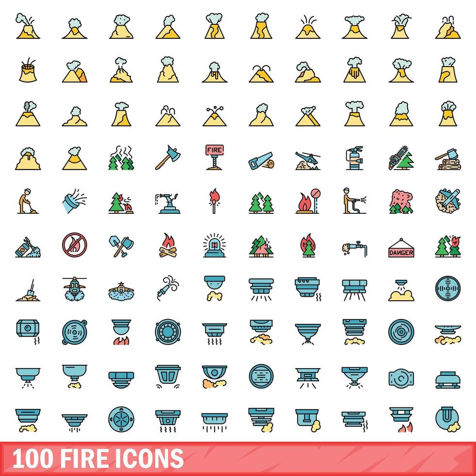 100 Feuer Symbole Satz, Farbe Linie Stil vektor
