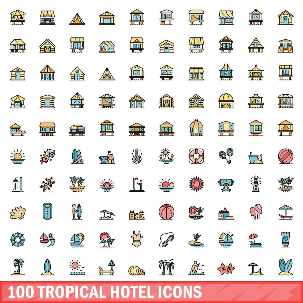 100 tropisch Hotel Symbole Satz, Farbe Linie Stil vektor