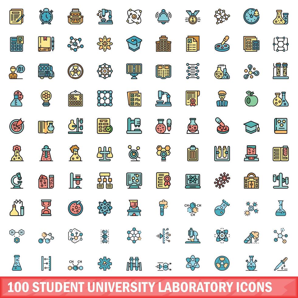 100 Schüler Universität Labor Symbole Satz, Farbe Linie Stil vektor
