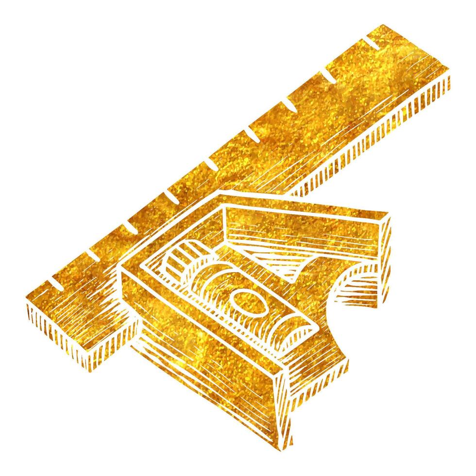 Hand gezeichnet Lineal Symbol Holzbearbeitung Werkzeug im Gold vereiteln Textur Vektor Illustration