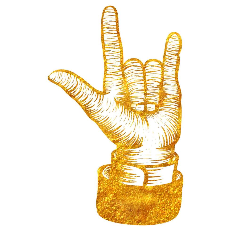 Hand gezeichnet ich Liebe Sie Finger Geste im Holzschnitt im Gold vereiteln Textur Vektor Illustration