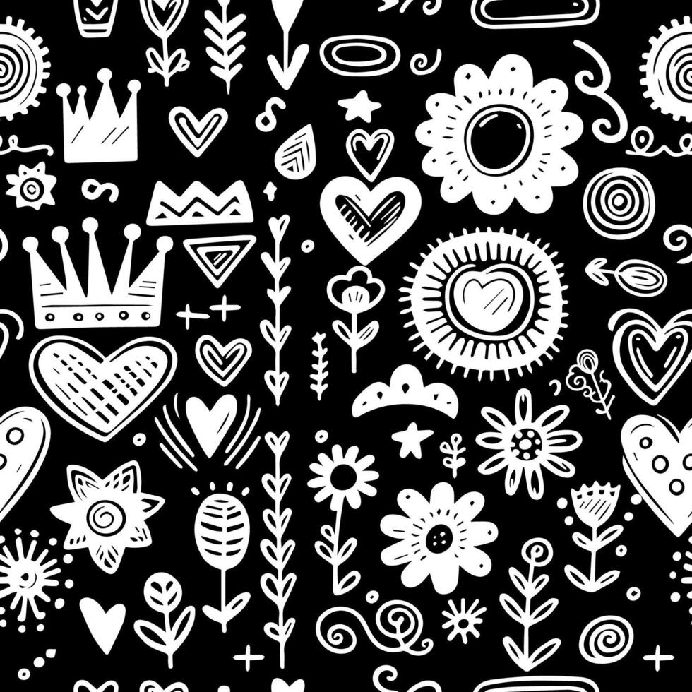 nahtlos Muster Hand gezeichnet schwarz und Weiß kritzelt Stern, Herz, Krone, Blume vektor