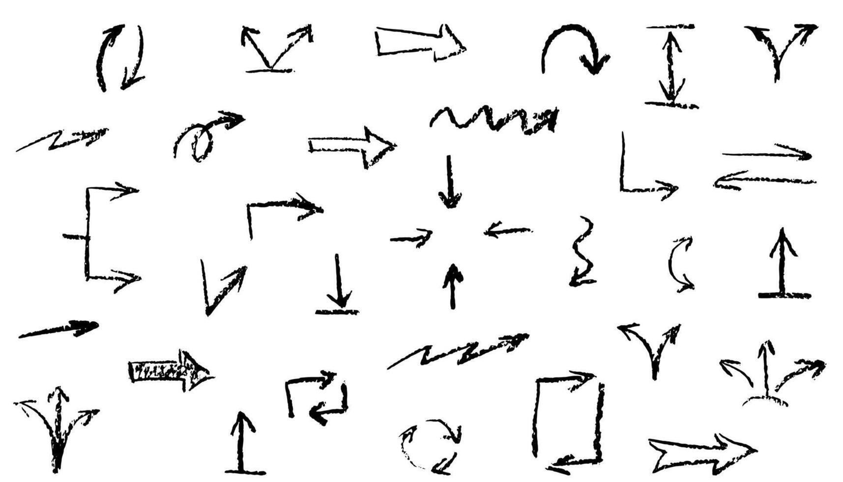Gruppe von gekreidet Pfeile. Hand gezeichnet schwarz Holzkohle Wachsmalstift Symbole zum Hand gezeichnet Diagramme. Vektor Gekritzel Marker Zeichnung