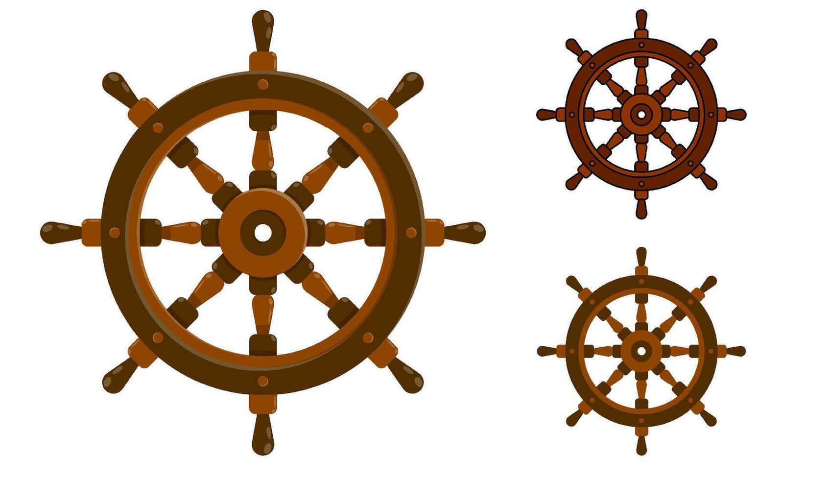 styrning hjul fartyg ikon, fiske båt. Yacht förvaltning på hav. platt Färg vektor med stroke i annorlunda stilar